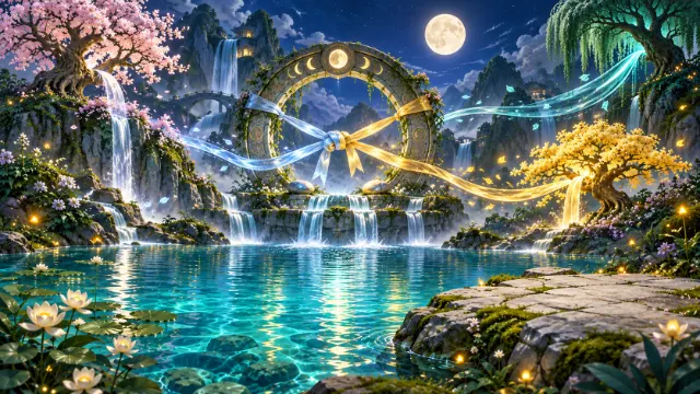 A future to find: a moonlit pool ringed with waterfalls