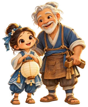 Neri, holding a paper lantern, and her grandfather